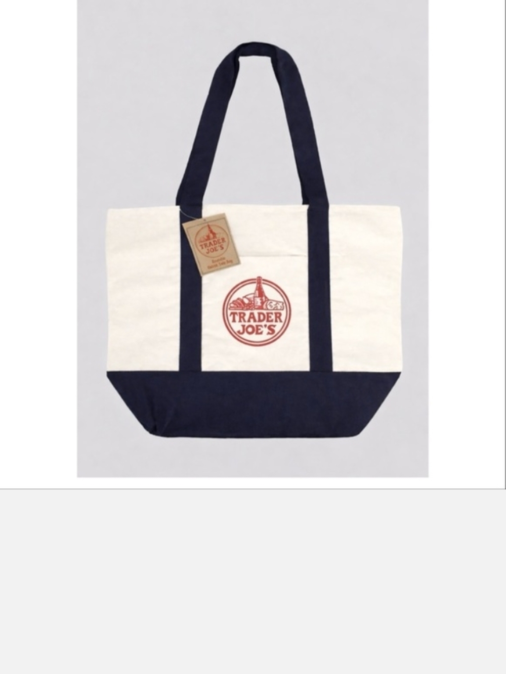 Trader Joe's Large Canvas Tote Bag in Navy and Cream New With Tag